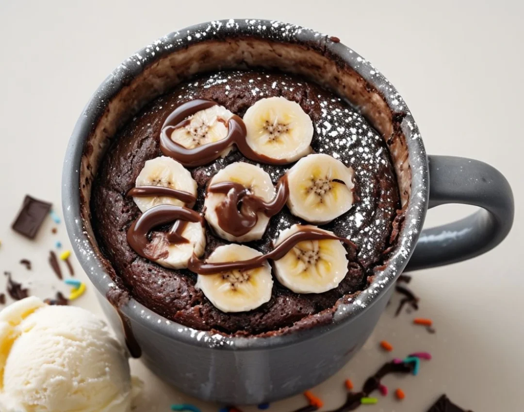 Chocolate Mug Cake Topped With Banana Slices And Sauce
